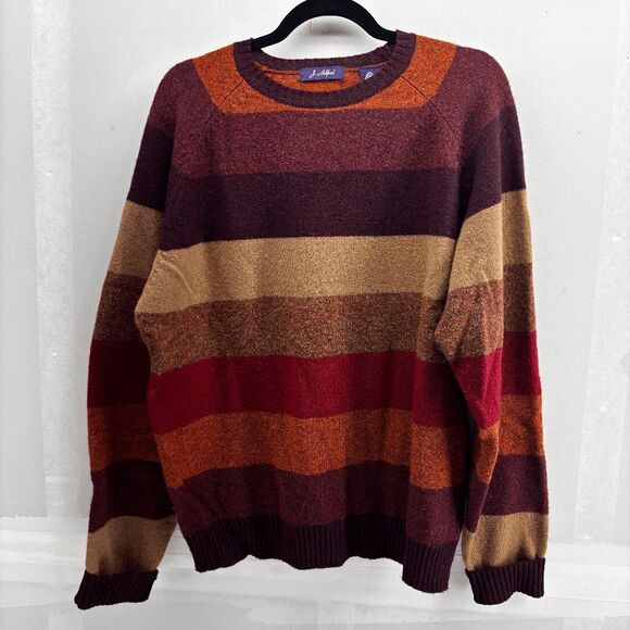 Vintage J. Ashford Mens Pure New Wool Sweater XL Brown Orange Striped Woolmark! - Picture 1 of 4
